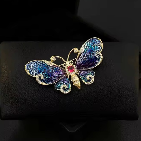 Luxury Elegant Blue Gold Butterfly Brooch - Picture 7 of 10